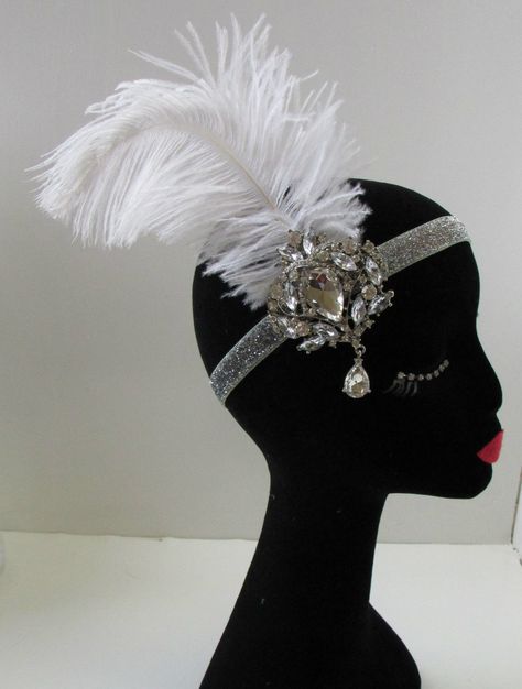 White Silver Ostrich Feather Headpiece Great Gatsby Flapper Headband 1920S W58 Look Gatsby, Gatsby Headpiece, Gatsby Headband, Gatsby Theme, Flapper Headband, Feather Headpiece, Head Wrap Headband, Feather Crafts, Feather Headband