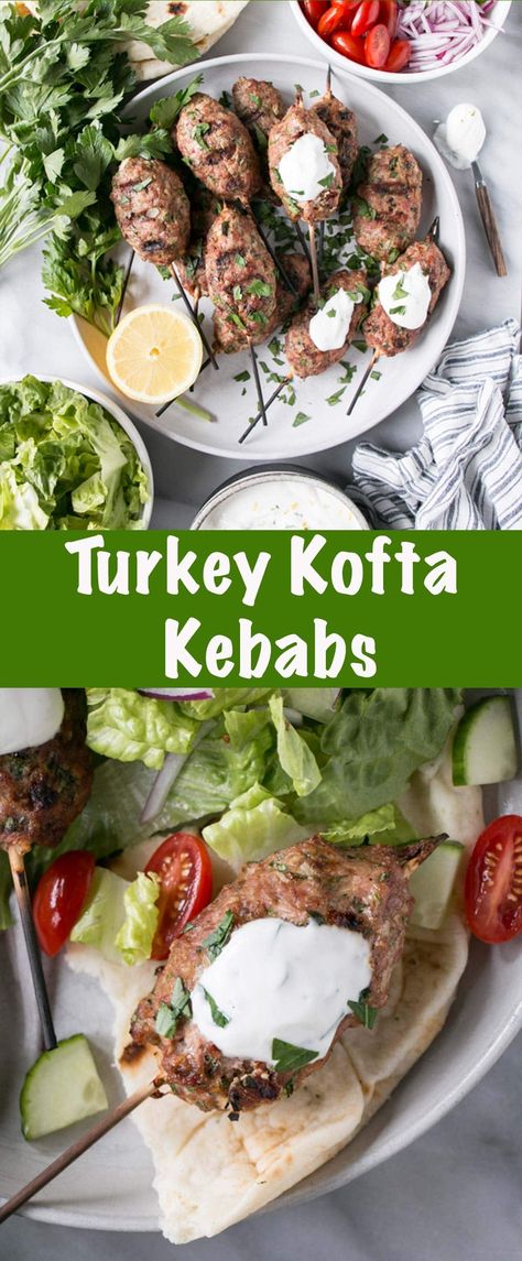 Juicy, lean, and inviting Turkey Kofta recipe. A healthy recipe that packs lean protein, savoury flavours, and satisfying wholesome ingredients the entire family will enjoy.  via @mykitchenlove Turkey Kofta, Turkey Kabobs, Turkey Meatballs Crockpot, Pita Wraps, Kofta Kebab, Easy Summer Grilling Recipes, Kofta Recipe, Grilling Ideas, Kebab Recipe