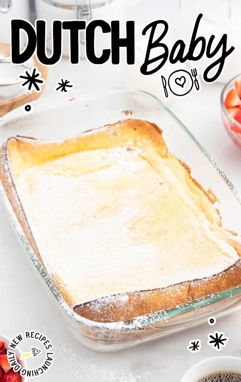 close up shot of a dutch baby sprinkled with powdered sugar in a pan Puff Pancakes, German Oven Pancake, Dutch Baby Pancake Recipe, Baby Recipe, Dutch Baby Recipe, Puff Pancake, Fancy Breakfast, Baby Pancakes, Dutch Baby Pancake