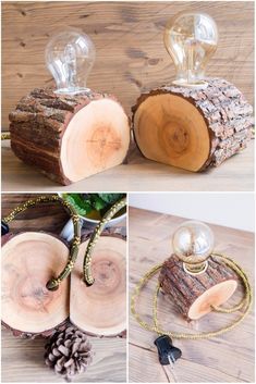 Set of two wood lamps, made out of reclaimed firewood, can be used as matching bedside lamps or as table lamps, goes great with Edison bulbs. A cool way ho Edison Bulb Light Fixtures, Wooden Table Diy, Diy Outdoor Lighting, Diy Lampe, Edison Lamp, Edison Bulbs, Bedside Lamps, Diy Holz, Functional Decor