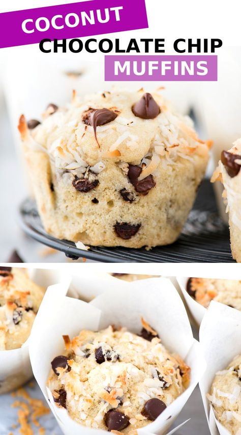 These coconut chocolate chip muffins have FOUR types of coconut that make a sweet, tender muffin with the perfect amount of coconut flavor. Want to know how to make coconut oil bakery style muffins? There’s so many tips and explanations in this recipe! #coconutmuffins #glutenfreemuffins #chocolatechipmuffins Bakery Style Chocolate Chip Muffins, Chocolate Chip Muffin Recipe, Bakery Style Muffins, Coconut Muffins, Dairy Free Chocolate Chips, Coconut Chocolate, Homemade Muffins, Dairy Free Chocolate, Chocolate Chip Muffins