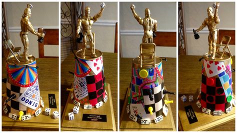 Neighborhood Board Game Trophy for traveling Hosts! FUNNNNN! Dollar Tree and Hobby Lobby Crafting... $20 total. So proud! Game Night Trophy Diy, Game Night Trophy, Funny Trophies, Trophy Diy, Trophy Ideas, Family Board, Trivia Night, Family Board Games, Game Nights