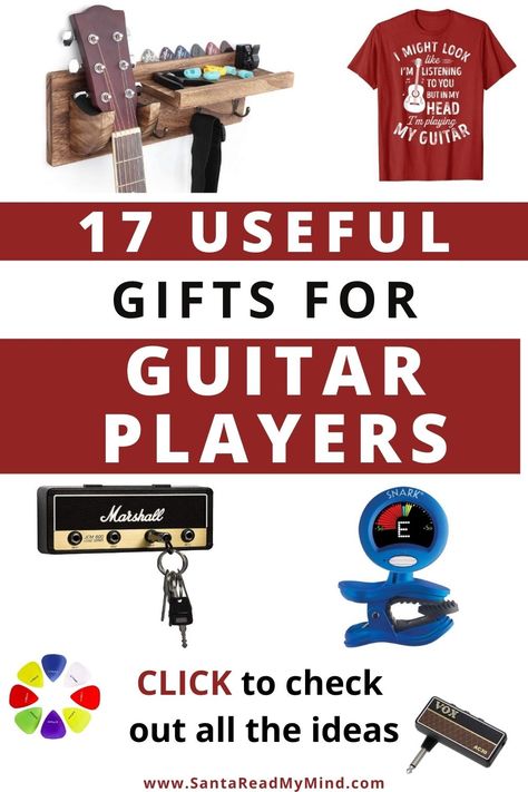 Got a guitar player on your Christmas list? CLICK to check out these 17 useful (and appreciated) gifts for guitar players. The list includes some guitar accessories, some handsome guitar hangers and even a funny shirt. Check them out today... these gifts for guitar lovers and players make great stocking stuffers too. #giftsforguitarplayers #giftsforguitarlovers #christmas #christmasgiftideas #guitar #giftsforboyfriend #giftsforgirlfriends #giftideas Gifts For Musicians Diy, Christmas Gift Ideas For Guitar Players, Gift Idea For Musician, Gifts For A Guitar Player, Guitar Accessories Gifts, Gifts For Music Lovers Men, Gifts For Guitar Lovers, Gift Ideas For Guitar Players, Music Gifts For Boyfriend