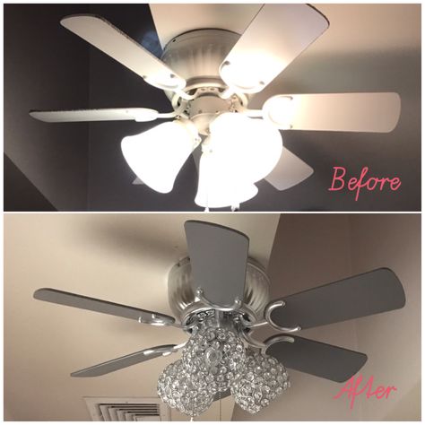 DIY Ceiling Fan Update Chrome & gray spray paint + new crystal lampshades = #glamdecor Glitter Ceiling Fan Diy, Ceiling Fan Chandelier Diy, Ceiling Fan Makeover Diy Ideas, Diy Ceiling Fan Makeover, Diy Ceiling Fan, Ceiling Fan Diy, Ceiling Fan Update, Fan Makeover, Ceiling Fan Makeover