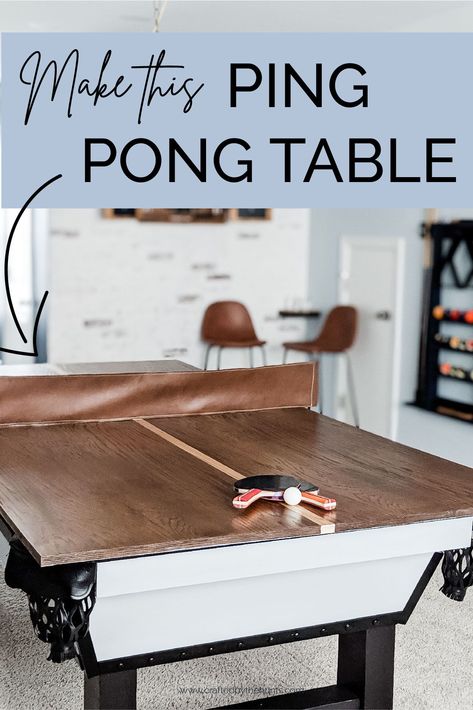 Looking for a fun activity while staying at home? Learn how to make this DIY wooden ping pong table top with our free plans and tutorial! Pool Table To Dining Table Diy, Diy Pool Table Cover, Dining Room Turned Game Room, Diy Ping Pong Table Top, Diy Ping Pong Table, Ping Pong Table Top, Gaming Table Diy, Diy Pool Table, Pool Table Top