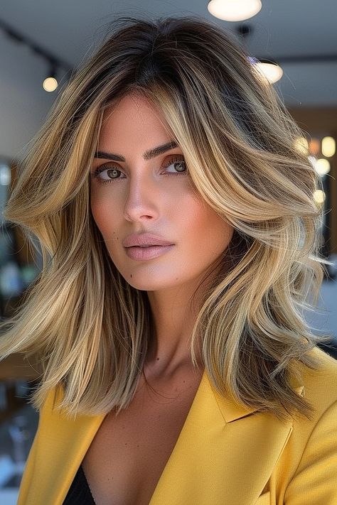 Bouncy Medium Length Hair, Medium Length Blowout Styles, Blond Lob Haircut, Medium Length Blowout, Long Lob Haircut, Voluminous Layers, Strands Of Hair, Blonde Ends, Layered Cut