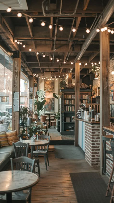 A cozy coffee shop in Asheville, NC, with rustic wooden decor, string lights, a bookshelf, and comfortable seating, creating a warm and welcoming atmosphere. Coffee Shop Fireplace Interior Design, Coffee Shop Inspired Dining Room, Trendy Coffee Shop Interiors, Apothecary Coffee Shop, Cozy Bookstore Cafe Aesthetic, Coffee Shop Vintage Design, Aesthetic Coffee Shop Ideas, Cozy Cafe Seating, Cafe Set Up