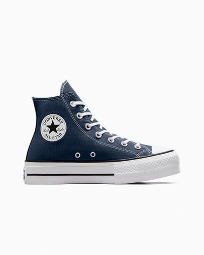 Chuck Taylor All Star Lift Platform Canvas Navy/White/Black Navy Platform Converse, Navy Blue Platform Converse, Blue Platform Converse, Shuffles Clothes, Nike Painting, Hightop Platform Converse, Navy Blue Converse, Cute Converse Shoes, Navy Converse