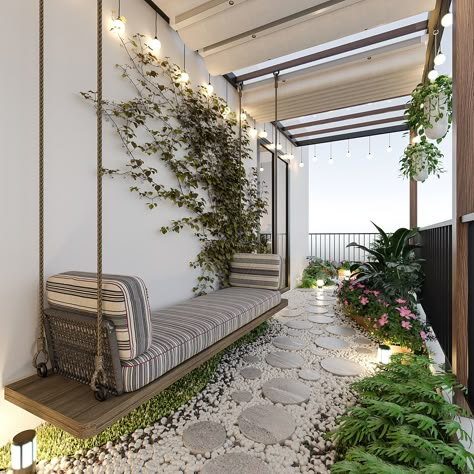 Japandi Style Balcony, Deck Balcony Ideas, Terrace Garden Ideas Balcony Design, Balcony Landscape Design, Balcony Flooring Ideas, Balcony Design Exterior, Balcony Landscaping, Zen Balcony, Back Balcony