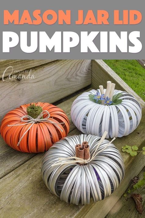 Surely you've seen the mason jar lid pumpkins on the web the last few years. Making a pumpkin out of canning lids is easy and there are several variations. #canninglidpumpkins #halloween #halloweencrafts #fallcrafts #thanksgivingcrafts #masonjar #masonjarcrafts Jar Lid Pumpkins, Diy Turkey, Mason Jar Lid, Diy Hanging Shelves, Thanksgiving Decorations Diy, Canning Lids, Diy Thanksgiving, Thanksgiving Diy, Wine Bottle Diy Crafts