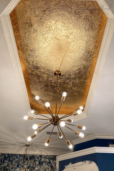 Gold Ceiling Medallion, Gold Leaf Interior Design, Gold Leaf Home Decor, How To Gold Leaf A Wall, Gold Leaf Wall Paint, Gold Leaf Fireplace, Gold Leaf On Walls, Gold Ceiling Paint, Diy Ceilings