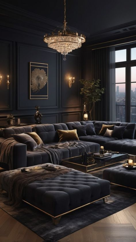 Dark Formal Living Room, Black And Silver Interior Design, Dark Gray And Gold Living Room, Brown And Gold Home Decor, Dark And Moody Interior Design, Moody Couch, Dark Decor Living Room, Home Lounge Design, Dark Cozy Living Room