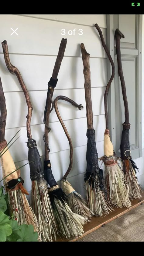 How To Hang A Witches Broom, Diy Chimney Sweep Broom, Witch Broom Making, Making A Witches Broom, How To Make Witches Brooms, Witchy Crafts Diy, Witch Garland, Diy Witch Broom, Witches Brooms