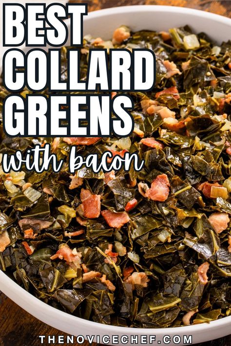 These southern Collard Greens are the ultimate comfort food side dish made in one-pot! The combination of tender collard greens, crispy bacon, and a hint of beer adds a delicious depth of flavor to this collard greens recipe. Crockpot Collard Greens, Easy Collard Greens Recipe, Vegetarian Collard Greens, Greens With Bacon, Greens Recipe Soul Food, Collard Greens With Bacon, Vegan Collard Greens, Southern Collard Greens, Collard Greens Recipe