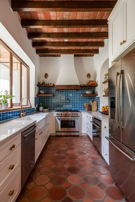 Imagine stepping into a kitchen that seamlessly blends the warmth of traditional Spanish design with the sleek lines of modern aesthetics. That's the allure of a modern Spanish kitchen – a space that captures attention, Small Mexican Kitchen Ideas, Small Spanish Kitchen Ideas, Small Hacienda Kitchen, Spanish California Style Home, Spanish Hacienda Kitchen, Mexican Modern Kitchen, Spanish Farmhouse Kitchen, Spanish Style Apartment, Modern Spanish Style Kitchen