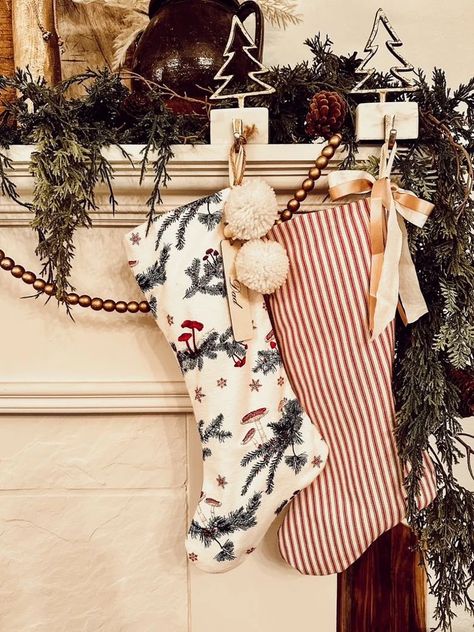 Mushroom Christmas Stockings/handmade Holiday Stocking/red - Etsy Mixed Stockings Christmas, Mismatched Stockings Christmas, Handmade Christmas Stocking, Mushroom Christmas, Farmhouse Theme, Core Memories, Christmas Entryway, Cozy Christmas Decor, Chic Holiday