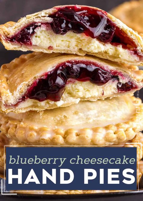 These Blueberry Cheesecake Hand Pies are an easy-to-make, portable dessert - mini pockets of silky cheesecake and sweet blueberry pie filling! This recipe uses a lot of store-bought ingredients to eliminate a lot of the hassle and make this a perfect dessert for beginners, and is made easily in the air fryer (oven instructions are also included). Cheesecake Hand Pies, Fruit Hand Pies, Air Fryer Blueberry, Portable Dessert, Yummy Pie Recipes, Air Fryer Recipes Dessert, Dessert Mini, Blueberry Breakfast Cake, Hand Pie Recipes