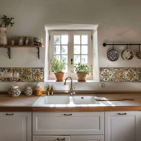 Top 15 Spanish Mediterranean Kitchen Ideas | Green Snooze Mediterranean Interior Design Kitchen, Mosaic Kitchen Backsplash Ideas, Spanish Kitchen Ideas, Modern Mediterranean Kitchen Design, Mediterranean Kitchen Tiles, Sicilian House, Sicilian Kitchen, Spanish Tile Kitchen, Spanish Mediterranean Kitchen