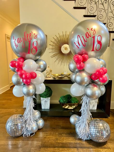 Disco Party Balloon Decoration, Graduation Balloon Column, Balloon Tower Ideas, Hockey Banquet, Science Themed Party, Balloon Pillars, Party Balloons Diy, Balloon Tower, 1st Birthday Party For Girls