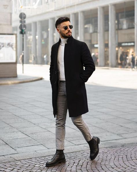 Turtle Neck Outfit Men Casual, Black Peacoat Outfit Men, New York Winter Outfit Men, Long Coat Poses Men, Black Coat Outfit Men, Long Black Coat Outfit Men, Mens Black Overcoat Outfit, Men Fall Outfits Dressy, All Black Overcoat Outfit Men