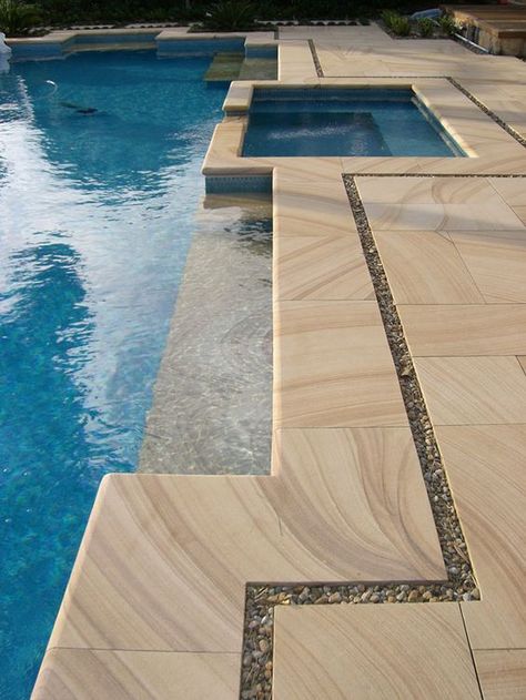 SANDSTONE Sandstone comprises dense layers of sand for earthy tones. Small Indoor Pool, Pool Paving, Moderne Pools, Pool Pavers, Living Pool, Indoor Pool Design, Swimming Pool Decks, Pool Remodel, Patio Tiles