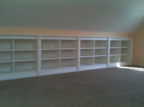 For short wall? Maybe more barn wood looking though, less "heavy" Wall Bookshelf Ideas, Short Bookshelf, Half Wall Ideas, Low Bookshelves, Custom Bookshelves, Loft Office, Low Bookcase, Barn Interior, Library Shelves