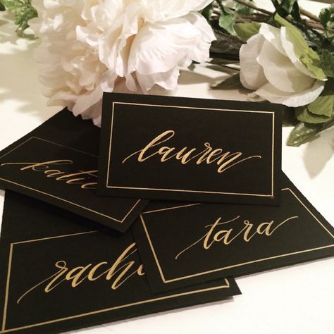 These black and gold calligraphy place cards are simply classy! The tented place cards measure 2x3.5 on each side of the fold. The names are Wedding Colors Black, Gold Place Cards, Best Wedding Colors, Gold Wedding Colors, Black Gold Wedding, Gold Calligraphy, Black White And Gold, Black Wedding Invitations, Black Gold Jewelry