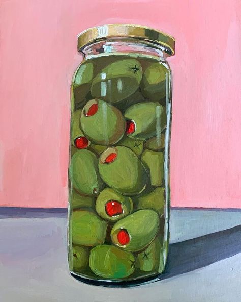 Stuffed Olives, Olive Jar, Food Painting, Arte Inspo, A Level Art, Art Inspiration Painting, Kitchen Art, Funky Art, Oil Pastel