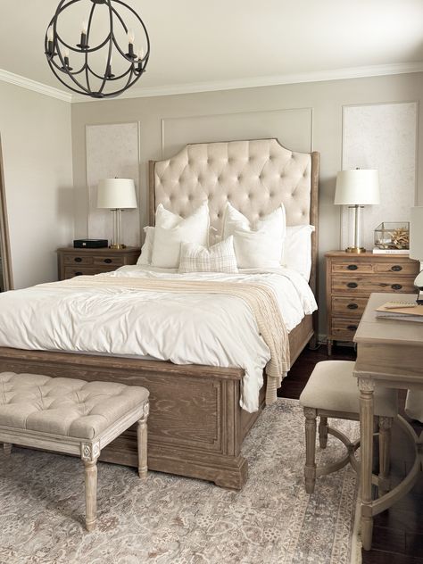 FRAMED WALLPAPER || DIY ACCENT WALL - A Classy Fashionista Neutral Bedroom With Accent Wall, Tuffed Bed, Bedroom With Accent Wall, Frame Accent Wall, Modern Elegant Bedroom, Office Desk Organization, Bedroom Neutral, Neutral Home Decor, Diy Accent Wall