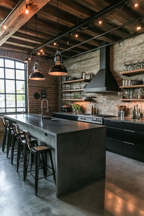 Embrace the latest kitchen design trend with this stunning industrial-chic look! Exposed brick, sleek black cabinets, and polished concrete countertops create a bold and modern vibe. Perfect for lovers of urban elegance. #kitchendesign #homedecor #industrialstyle Rustic Modern Kitchen Ideas, White Modern Kitchen Ideas, Loft Garage, Vintage Farmhouse Sink, Coastal Farmhouse Kitchen, Industrial Kitchen Design, Modern Kitchen Ideas, Rustic Modern Kitchen, Farmhouse Interior