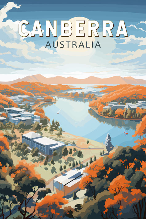 Vintage-style poster showcasing the unique charm of Canberra, Australia, perfect for adding a touch of history to your decor. Australia Poster Design, Canada Vintage Poster, Australia Postcard, Vintage Travel Posters Tropical, Vintage Travel Posters Australia, Australia Capital, Canberra Australia, Art Deco Travel Posters, Posters Australia