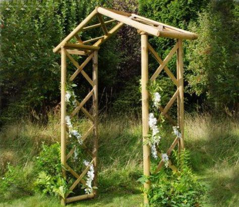 The Honeysuckle Rustic Wooden Garden Arch is formed by crossed rounded timbers over which climbing plants can be trained. #gardenpond #wooden #garden #pond Garden Archway, Garage Pergola, Cheap Pergola, Pergola Ideas, Garden Arches, Bamboo Garden, Backyard Pergola, Deck With Pergola, Forest Garden