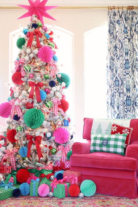 2021 CHRISTMAS HOME TOUR PART 1: COLORFUL HONEYCOMB BALLS CHRISTMAS TREE Red Pink And Green Christmas, Pink And Red Christmas Tree, Honeycomb Christmas Tree, Dimples And Tangles, Rainbows Christmas, Preppy Christmas, Merry Bright Christmas, Xmas Trees, 2022 Christmas