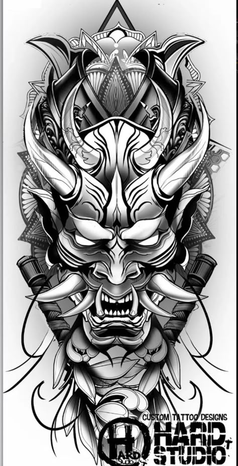 Mask Face Tattoo, Face Tattoo Design, Tato Mandala, Japanese Warrior Tattoo, Cloudy Background, Japanese Mask Tattoo, Samurai Tattoo Sleeve, Oni Mask Tattoo, Oni Tattoo