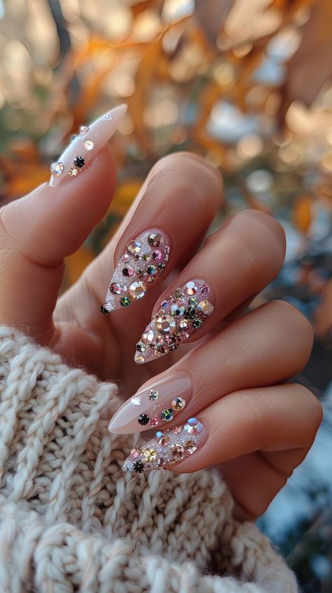 44 Crystal Nails Designs That Will Make You Sparkle and Shine 11 Single Rhinestone Nails, Nails With Crystals Rhinestones, Burlesque Nails, Nail Rhinestone Design Ideas, Rhinestone Accent Nail, Short Nails With Rhinestones, Rhinestone Nails Designs, Rhinestones Nails, Classy Nail Art Ideas