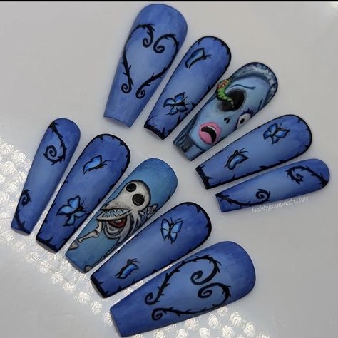 Corpse Bride Inspired Nails, Deco Nails, Horror Nails, Holloween Nails, Band Nails, Cute And Spooky, Halloween Acrylic Nails, Gothic Nails, Anime Nails