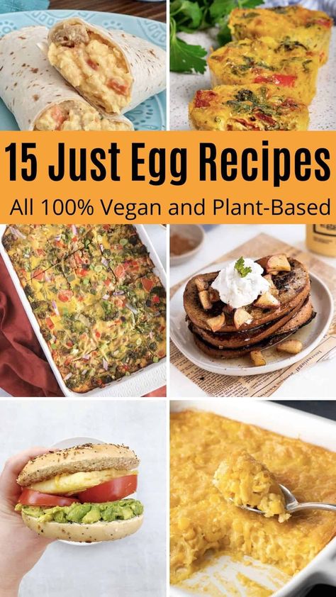 Have you ever tried Just Egg? It's not actually made from eggs. Instead, its primary ingredient is mung beans, which create a light and fluffy egg texture! You can use it in any recipe that calls for eggs! Here are 15 of my favorite Just Egg Recipes! Just Egg Recipes, Vegan Breakfast Bowl, Filling Salads, Vegan Bagel, Vegan Breakfast Casserole, Vegetarian Starters, Vegan Breakfast Burrito, Just Egg, Keto Bread Recipe