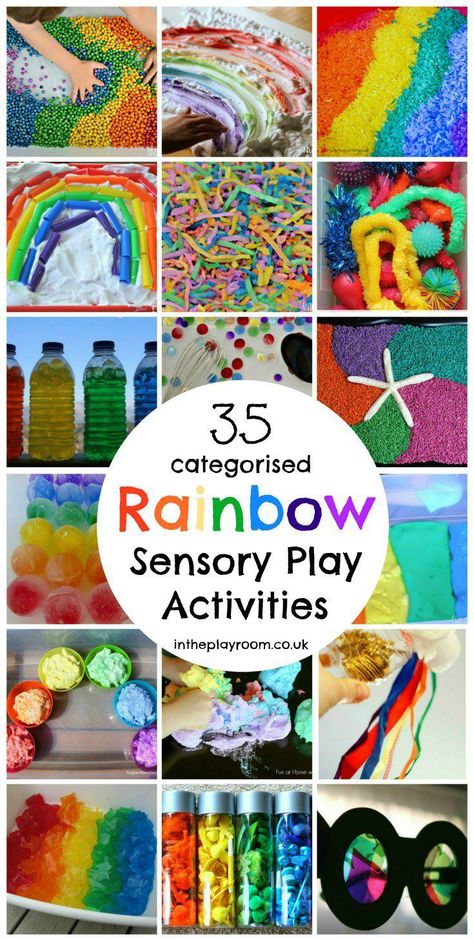 35 categorised rainbow sensory play activities with wet and dry sensory materials, sensory doughs, light play and more Sensory Materials, Rainbow Sensory, Sensory Play Activities, Rainbow Activities, Easter Printables Free, Sensory Bottles, Rainbow Fish, Rainbow Crafts, Messy Play