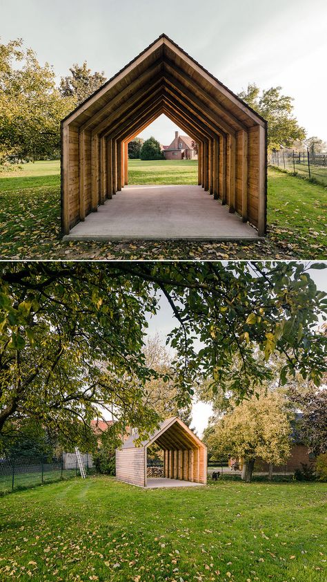 The Ökonomiebau serves as a compact #shelter for an agricultural vehicle in the suburban area of Berlin. This unique request allowed for the #design of a budget-friendly #structure with the sole purpose of protecting its contents from rain. Learn more at Architonic.com #architonic #architecture #contemporaryarchitecture #woodenstructure Exhibition Building, Sports Arena, Sport Hall, Rain Protection, Indoor Swimming Pools, Industrial Buildings, Concert Hall, Contemporary Architecture, The Urban