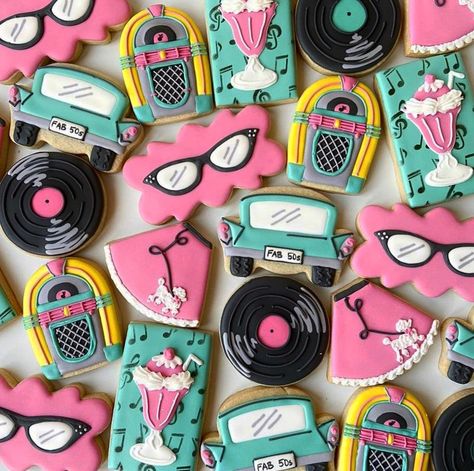 AmericanTraditionCookieCutters on Instagram: “@cookiecreationsbycourtney” 50s Theme Party, Sweet 16 Party Planning, 50s Theme Parties, Cars Cupcakes, Shake Rattle And Roll, Sock Hop Party, 50s Theme, Grease Movie, Theme Cookies