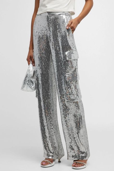 Alice + Olivia Hayes Sequin Cargo Pants Holiday Party Attire, Sequin Pants, Dallas Fashion, Metallic Look, Spring Floral Dress, Alice And Olivia, Feminine Aesthetic, Long Black Dress, Jumpsuit Shorts Rompers