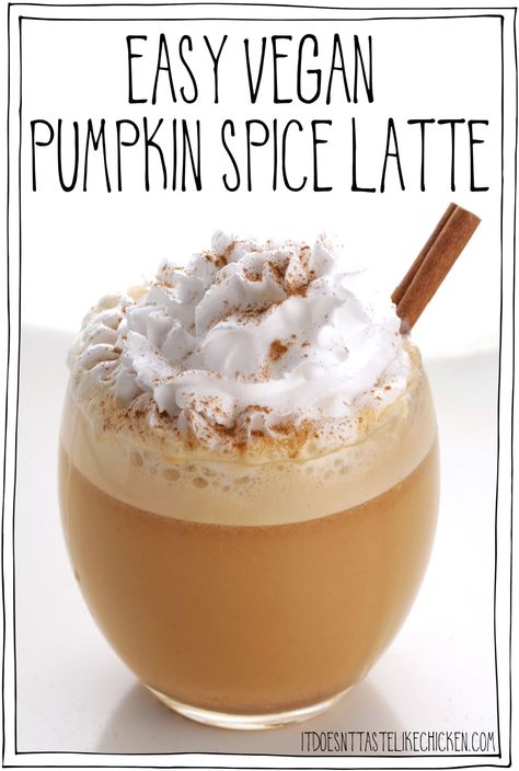 Easy Vegan Pumpkin Spice Latte! Creamy, sweet, with warming cinnamon and nutmeg, and a slight taste of pumpkin. It tastes like pumpkin pie in a cup! Just 6 ingredients (7 if you like coconut whipped cream, which I definitely do), and about 5 minutes to make. This dairy-free version is so quick and easy to whip up and tastes even better than Starbucks. #itdoesnttastelikechicken #veganrecipes #pumpkinspice Vegan Pumpkin Spice Latte, Pumpkin Spice Latte Recipe, Vegan Pumpkin Spice, Pumpkin Spiced Latte Recipe, Vegan Whipped Cream, Pumpkin Spice Recipe, Like Chicken, Vegan Drinks, Pumpkin Spice Syrup