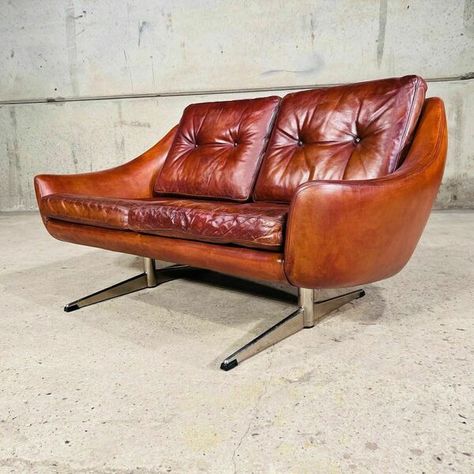 Vintage Danish 70s Eran Two Seater Cognac Leather Egg Sofa #59a | Vinterior 70s Furniture, Vintage Sofas, Couches For Sale, Retro Sofa, Sofa Legs, Vintage Sofa, Late 20th Century, Antique Items, Vintage Chic