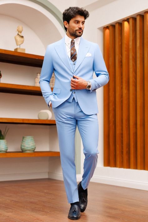 Sky Blue Wedding Suit Groom, Sky Blue Suit For Men, Sky Blue Suit Men, Light Blue Suit Men, Mens Suits Sky Blue, Sky Blue Blazer, Grey 3 Piece Suit, Blazer Waistcoat