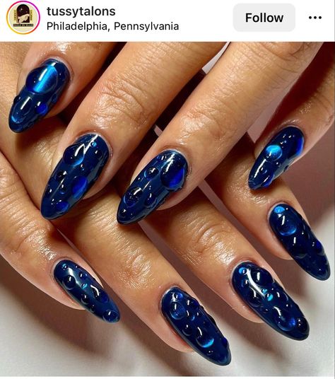 Wet Chrome 💧 Nails Wet Look, Wet Chrome Nails, Hit Me Hard And Soft Nails, Wet Nails Look, Dark Blue Chrome Nails, Drake Nails, Water Drop Nails, Blue Chrome Nails, Bday Nails