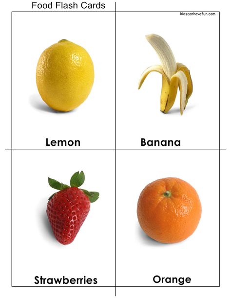 DIY Food #Flashcards for Kids with everyday fruit kids love. Click here to print http://www.kidscanhavefun.com/flash-cards.htm Food Cards, Flash Cards, Georgian Language, Lemon Banana, Food Flashcards, Flashcards For Toddlers, Learning English For Kids, Flashcards For Kids, Printable Flash Cards