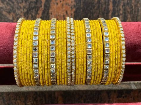 Yellow Bangles, Indian Bangles Set, Kundan Kada, Kada Bangles, Wedding Jewelry Sets Bridal Jewellery, Thread Bangles Design, Colorful Bangles, Indian Bangles, Kundan Bangles