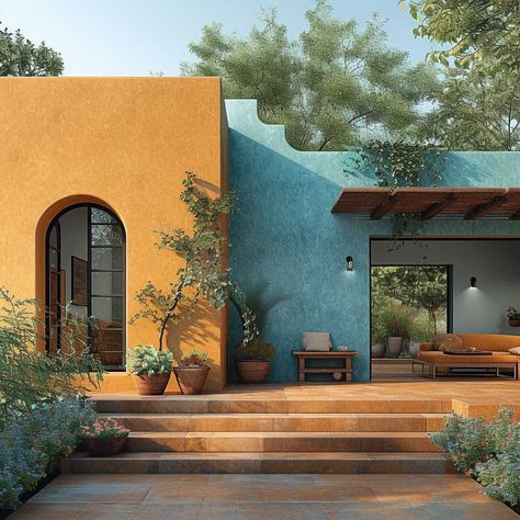 Mexican Houses Exterior Haciendas, Earthy House Exterior, Mexican House Exterior, Modern Classic Exterior, Earthy House, Earthy Homes, Country House Exterior, Rendered Houses, Modern Classic Home