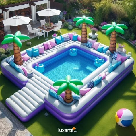 Inflatable Palm Tree, Built In Sofa, Outdoor Fun For Kids, Above Ground Pool Ideas, Ground Pool Ideas, Above Ground Pool Decks, Pool Lounge, Diy Pool, Outdoor Bathrooms