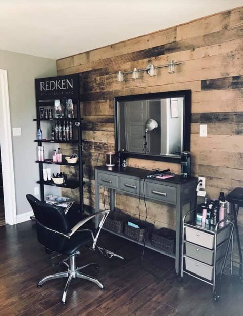 Hair Salon Work Station Ideas, In Home Barber Shop Ideas, Small Town Hair Salon, Western Cosmetology, Barber Shed Ideas, Home Barbershop Ideas, Hair Salon In Garage Ideas, At Home Barber Shop Ideas, Hair Salon In Shed